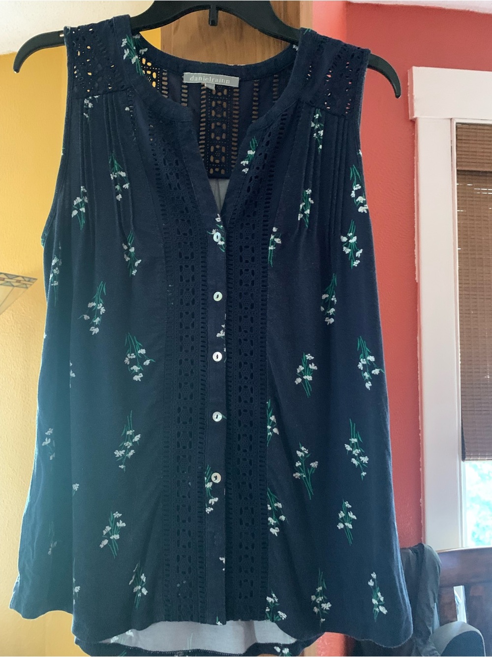 Daniel Rainn Navy Floral Crochet-Trim Sleeveless Top